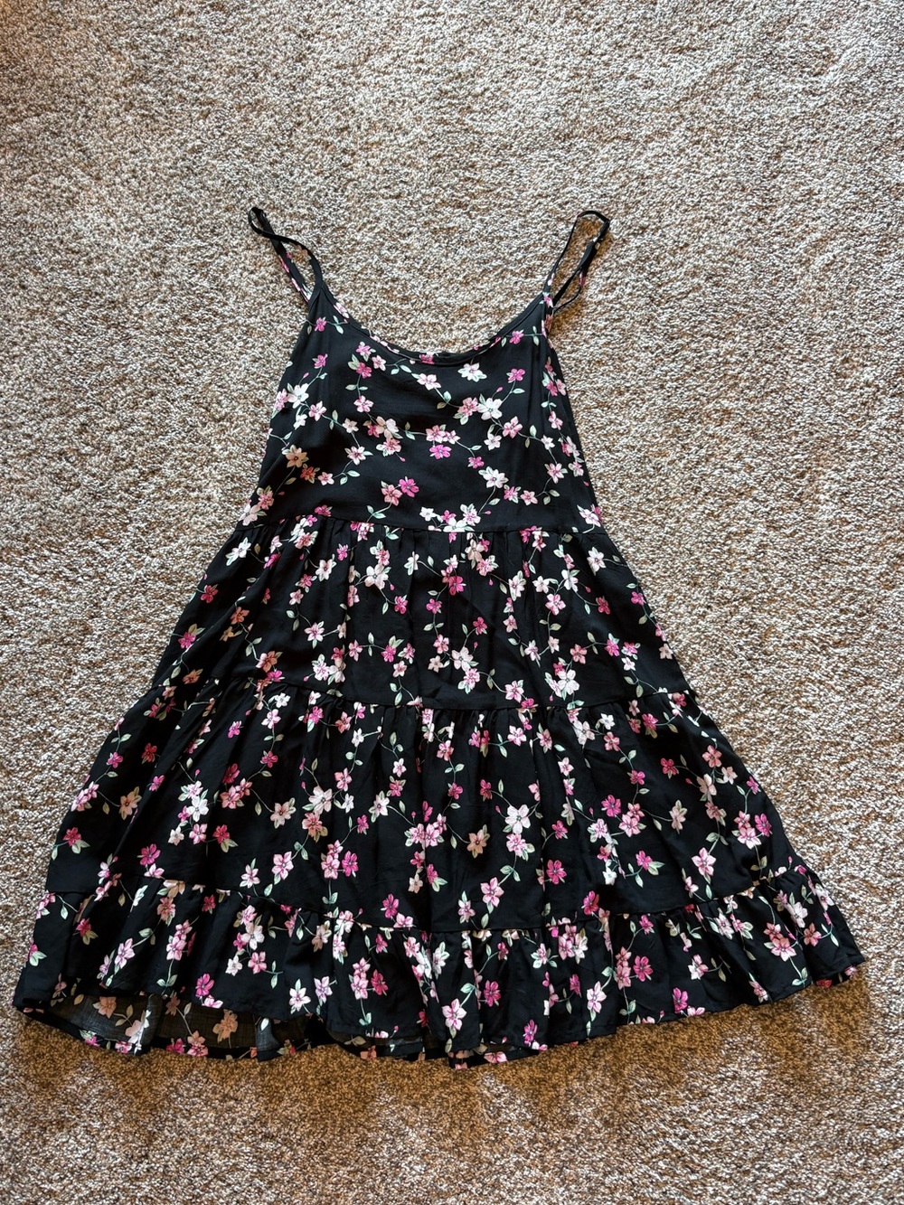 La Hearts Black Floral Tiered Sundress with Pink & White Flowers